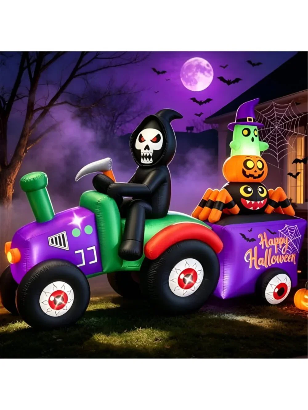 7FT Long Halloween Inflatable Grim Reaper Tractor Trailer Light